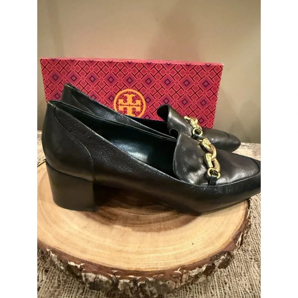 Tory Burch Women's Jessa Leather Heeled Loafer Black Block Heel Gold Links 9.5